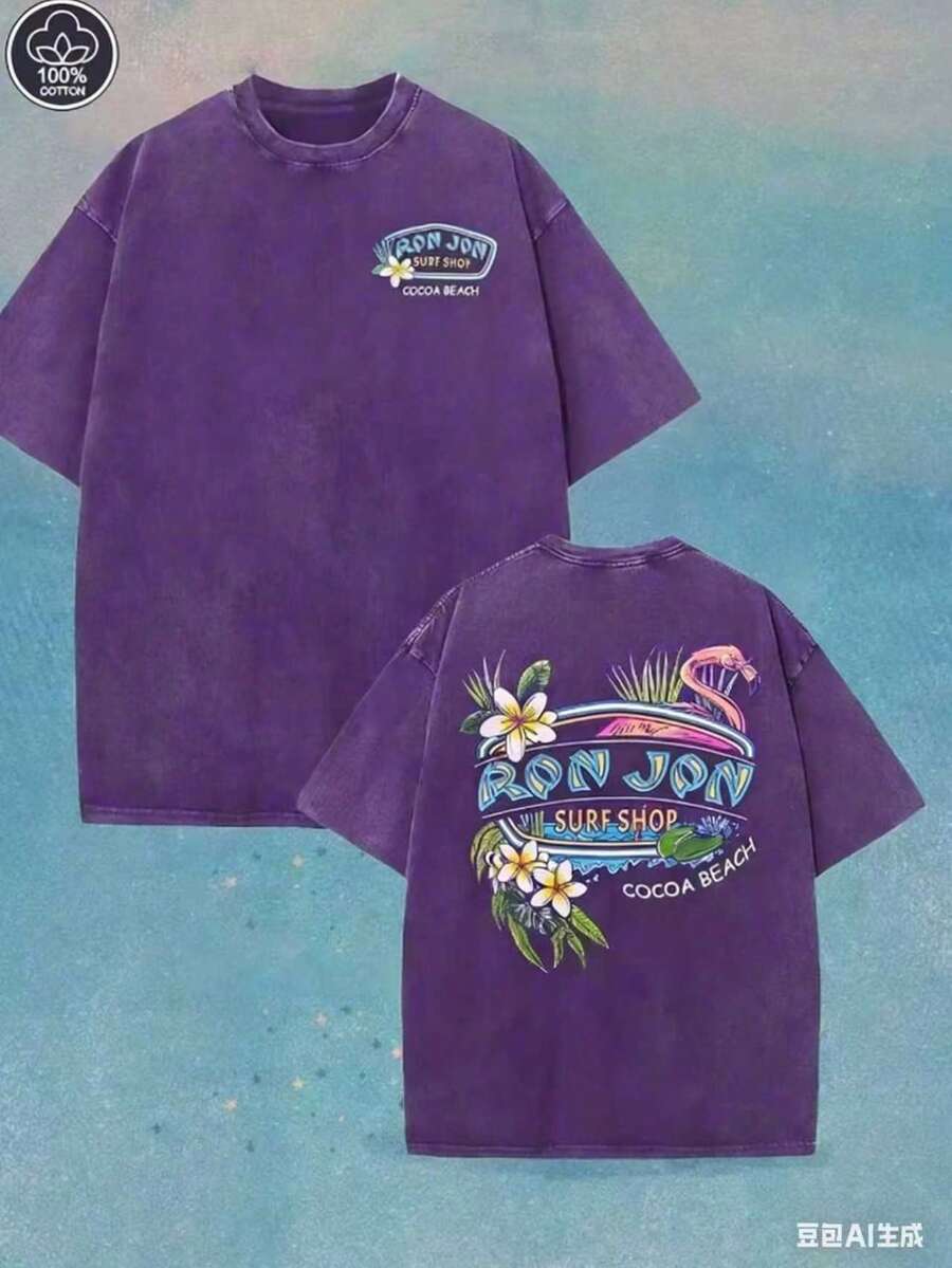 (230 Pure Cotton T-Shirt) Men's T-Shirt, Surf Shop Graphic T - Shirt,Street Style-HD07 - 紫色 - 查看 1