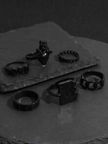 6件套朋克风滴油爱心字母叠戴戒指套装（女士款） - 黑色 - 查看 4