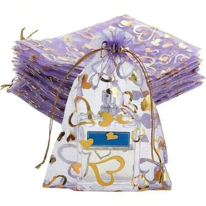 50 túi lưới, nhiều kích cỡ, màu tím trong suốt, hình trái tim, túi quà tặng in hình, túi đựng trang sức, túi dây rút, túi quà cưới, quà tặng ngày lễ tình nhân, ngày của Mẹ, quà Giáng sinh, túi vải lưới có dây rút, bao bì quà tặng