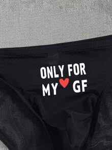 Men's Black Breathable Comfortable Daily Underwear With Letter & Heart Print Pattern - Black - View 5