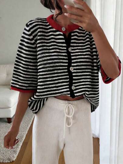 2026 Spring/Summer New Women's Black And White Striped Sweater, Suitable For Valentine's Day And Holidays