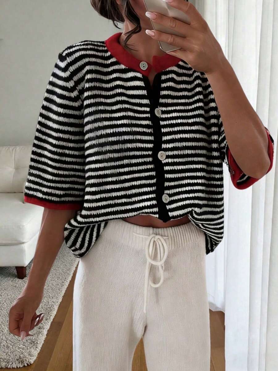 Get Rich 新品上市！春夏优雅女士度假服饰，女士毛衣，女士假日套装，女士开衫，黑白条纹针织开衫，红色滚边圆领短袖上衣，春夏女士套装，休闲通勤外套，简约休闲风。