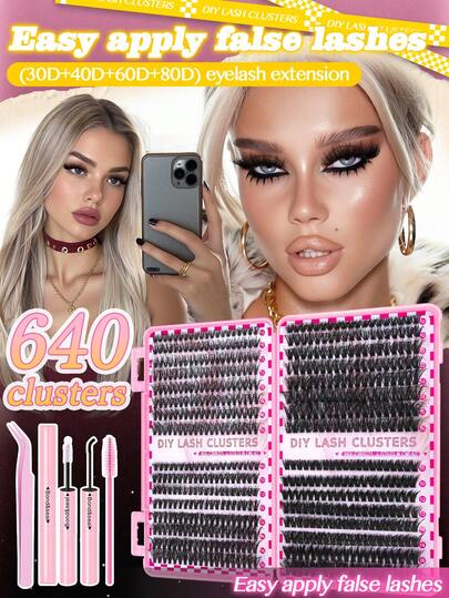 640 Pcs False Eyelashes With Glue Tool Kit, 10-16mm, DIY Eyelash Extension, Natural, Fluffy, Lightweight, 4 Density Levels, Suitable For Beginners To Create Gorgeous Eye Makeup And Showcase Your Beauty And Confidence