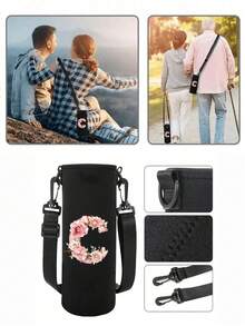 字母印花保温水瓶/水杯套，粉色玫瑰字母 A-Z 图案，可调节肩带 - 防滑套，适用于 1500ml 水瓶，适合健身、旅行，保温氯丁橡胶材质，适用于不锈钢、玻璃和塑料水瓶。 - 彩色 - 查看 7