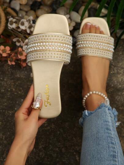 女士时尚方头仿珍珠拖鞋，新款优雅夏季连衣裙拖鞋，奢华仿珍珠装饰平底套脚凉鞋，舒适软底沙滩度假必备
