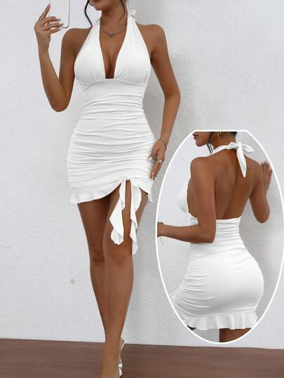 1 Stück einfarbiges, lässiges, elegantes, sexy Party-Rüschenkleid aus Strickstoff, geeignet für Urlaub, Feiertage, Abendverabredungen, Bühnenauftritte und Konzerte, für alle Jahreszeiten