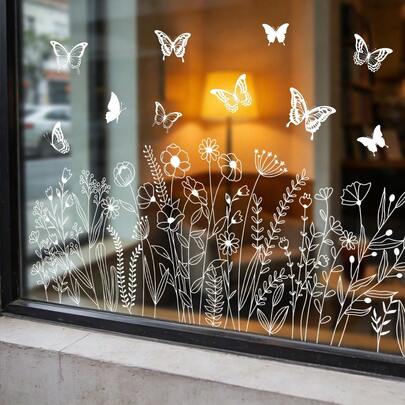 Pegatina de vidrio electrostática con estilo de planta y mariposa, muy sencilla. Pegatina de PVC con adsorción electrostática fácil de quitar, para ventana de dormitorio/baño, privacidad, estudio, cafetería, decoración de boda, protección solar, pegatina transparente de flor para ventana