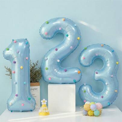 3pcs 32-Inch Light Blue Number Foil Balloons With Colorful Pom Poms, Suitable For Birthday Party Decor, Wedding, Baby Shower