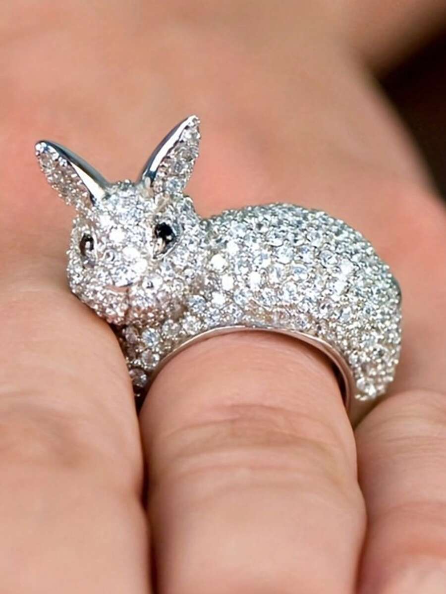 1PC Fashionable Cute Sparkling Zirconia Rabbit Open Band Ring, Luxurious Elegant Women's Party Banquet Ring, Wedding Jewelry - Open Ring - View 1