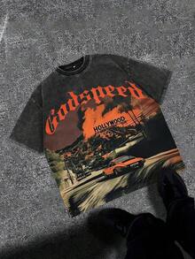 Break The SystemMen's Washed Vintage Crewneck T-Shirt, 100% Cotton 180GSM, Godspeed Highway Car Print, Retro Faded Style, American Streetwear, - 黑色 - 查看 1