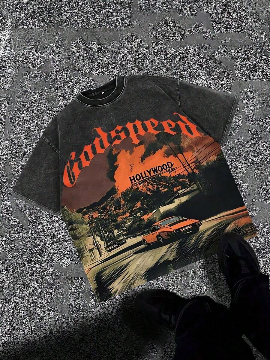 Break The SystemMen's Washed Vintage Crewneck T-Shirt, 100% Cotton 180GSM, Godspeed Highway Car Print, Retro Faded Style, American Streetwear, - 黑色 - 查看 1