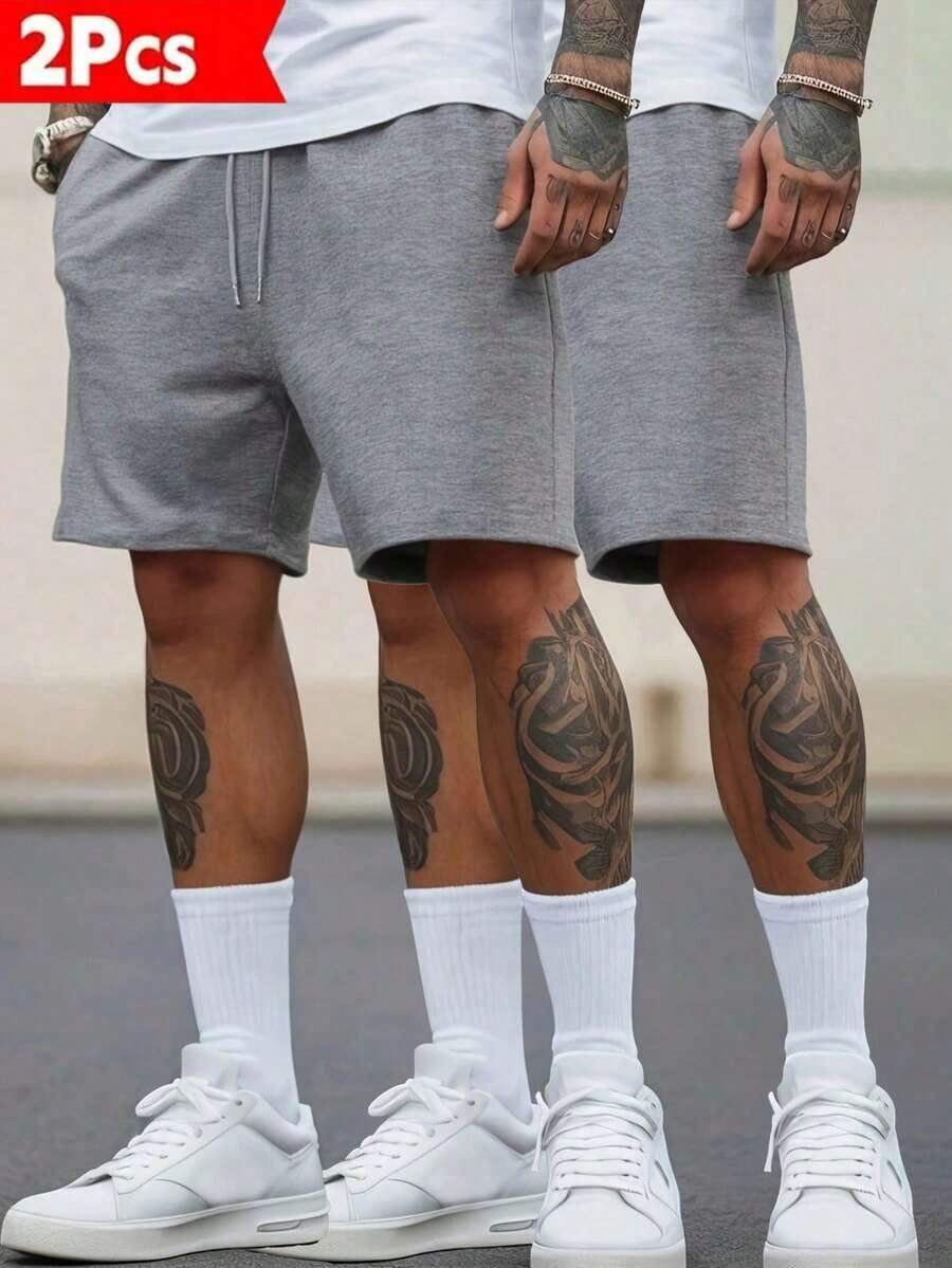 2 Pairs Of Men's Shorts With Side Pockets, Elastic Waistband With Drawstring, Suitable For Outdoor Leisure Travel, Plain And Simple, Fitness Running, Versatile Summer, Suitable As A Gift For Husbands, Boyfriends - Xám - Xem 1