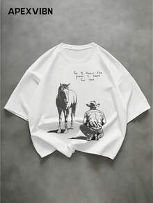 信仰主题牛仔马印花T恤，简约设计 - 白色 - 查看 2