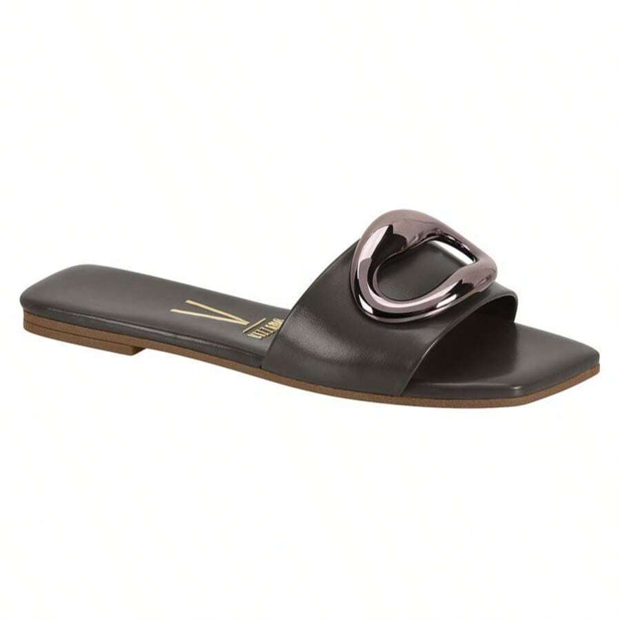 Vizzano Soft Leather Flat Slide Sandals With Modern Charcoal Mettalic Detail - Grey and Charcoal Mettalic - View 1