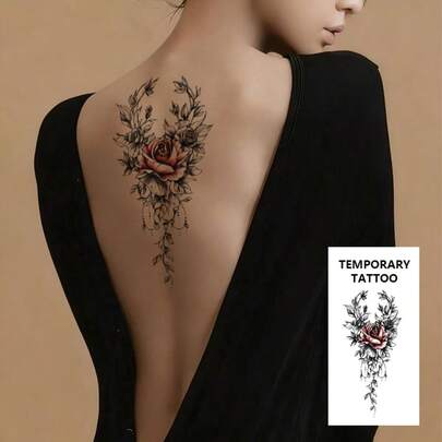 1pc Fashionable Cool Temporary Tattoo Sticker, Couple Tattoo, Black Fake Tattoo, One-Time Use Tattoo, Rose, Flower, Chain Design, Waterproof, Non-Reflective, Easy To Apply And Remove, Highly Realistic, Suitable For Men Or Women On Leg, Foot, Chest, Thigh, Arm, Waist, Abdomen, Music Festival Party Supplies