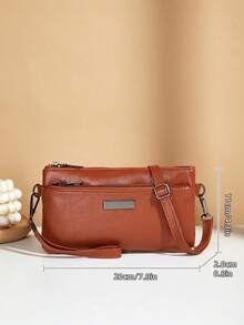 Cartera de mano larga de unicolor, bolsa con cremallera multifunción con múltiples compartimentos y ranuras para tarjetas - Marrón - Ver 5