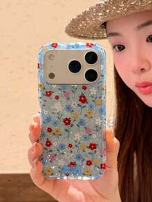 Funda de teléfono con pintura estética de flores coloridas de principios de primavera, compatible con iPhone 17 Pro Max, 16 Pro New, 17, 14 Pro, 15 Pro, cubierta de teléfono a prueba de golpes de doble capa con brillo creativo - Azul - Ver 7