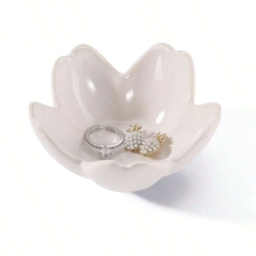 White Lotus Leaf Shape Ring Jewelry Dish HolderSmall Trinket Jewelry Tray Decorative Jewelry Plate Bowl Key Bowl Birthday Engegament Gifts For Women Friends Ceramic - Kiln effect White - 查看 1