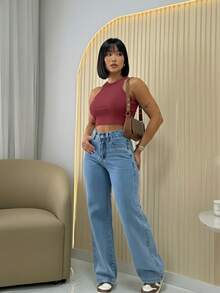 Women's Wide Leg Jeans With Marble Effect, No Lycra, Elegant And Sophisticated. - Rửa nhẹ - Xem 3