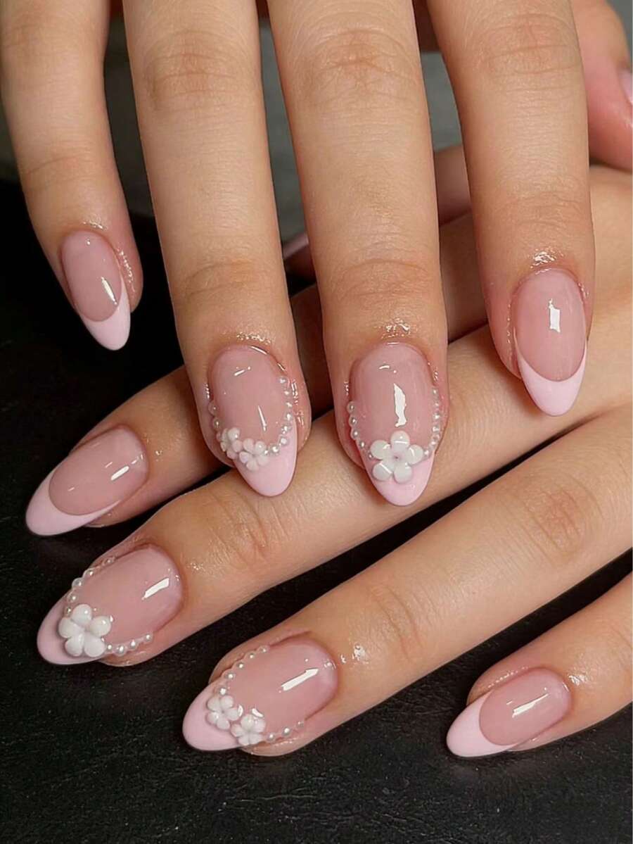 24pcs Neutral Short Oval Nail Stickers Set, Acrylic Material, Pink French Design With Detachable White Pearl & Flower Decor, Long-Lasting. Set Includes 1 Adhesive Sticker Sheet And 1 Mini Nail File, Suitable For Daily Wear. Press On Nails - Baby Pink - View 1