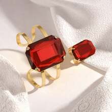 Bộ 2 chiếc vòng tay và nhẫn cao cấp, thiết kế độc đáo, đính đá giả ruby và emerald hình học, có thể điều chỉnh kích thước, thích hợp cho tiệc tùng, đi làm hoặc các buổi gặp gỡ. - hình học - Xem 6