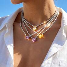 1pc Women's Zirconia & Crystal Pendant Necklace, Minimalist & Elegant, Suitable For Daily Wear - Square - View 8