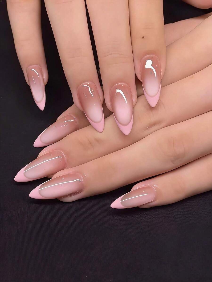 24pcs Almond-Shaped Pink French Cat Eye Nail Stickers, Handmade Full Coverage, Suitable For Women And Girls For Party, Office, Daily Wear, Includes 1 Adhesive Sheet And 1 Mini Nail File, Random Delivery Press On Nails - Multicolor - View 1