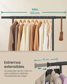 SONGMICS Perchero con Ruedas, Burro Ropa, Barra Extensible, Carga de 100 kg, 45 x (92-132) x 161,5 cm, Fácil Montaje, Negro - A - Ver 4