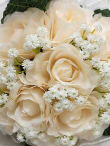 1 Peça Buquê de Rosas Artificiais de Champanhe - Flor Elegante para Noiva com Detalhes em Renda e Pérolas - Champanhe - Visão 4