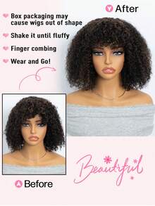 QVR QUEEN VIRGIN REMY QVR 非洲蓬松卷曲波波头假发，带刘海，真人发，佩戴方便，蓬松卷曲波波头刘海假发，黑色带棕色挑染，无胶机织卷曲波波头假发，带刘海，250% 密度，专业无蕾丝短款卷曲波波头假发，100% 巴西原生 Remy 真人发，轻松佩戴。 - S1/30 - 查看 4