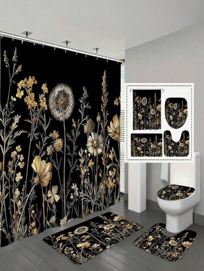 波西米亚复古花卉黑金浴帘，涤纶面料，防水，带挂钩，可机洗，农舍风格浴室浴帘套装，防水涤纶浴帘，防滑浴垫，U型地毯，带12个挂钩的马桶盖 - 现代风格，适合家居装饰、浴室装饰和配件，易于清洁和保养，优雅的乔迁礼物 - 四季皆宜