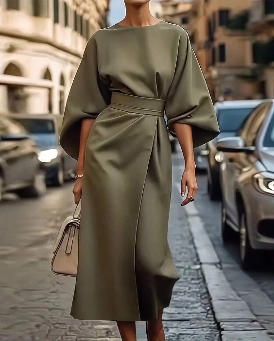 2026 Women S European American Fashion Elegant Solid Color Waist Cinching Bat Sleeve Long Dress Casual Party Work Office Dresses - 軍綠色 - 查看 1