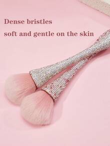 1 pieza Brocha de maquillaje plana y arqueada con todo el Body incrustado de cristales, pelo sintético, brocha profesional para polvos, herramienta de maquillaje para maquillaje diario en el rostro, regalo con brocha de base - Rosa - Ver 4