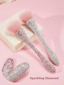 1 pieza Brocha de maquillaje plana y arqueada con todo el Body incrustado de cristales, pelo sintético, brocha profesional para polvos, herramienta de maquillaje para maquillaje diario en el rostro, regalo con brocha de base - Rosa - Ver 8