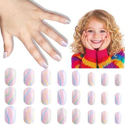 NAIO 24 Pieces Spring And Summer Press On Nails For Kids, 1 Pack Kid Fake Nail Colorful, Fresh, Irregular Line Texture Design Elements Pre-Glue Short Nail Stick On Nails, Great For Children Little Girl Birthday Gifts, Parties & Makeovers Decoration