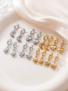 1 Đôi bông tai thép không gỉ hình ngôi sao và mặt trăng kiểu cổ điển, hình trái tim và giọt nước, trang sức vàng, quà tặng cho phụ nữ dịp Giáng sinh, sinh nhật, hoặc đeo hàng ngày. - Vàng - Xem 1