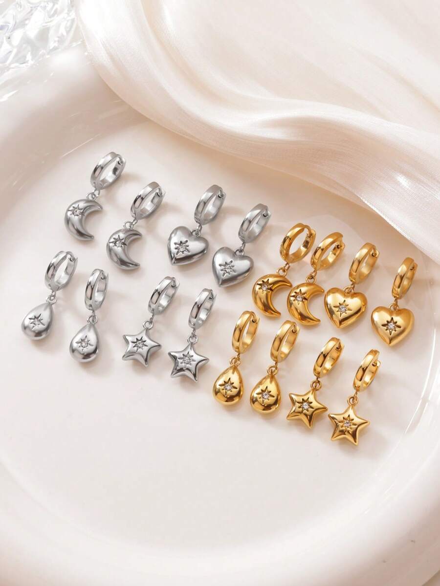 1 Đôi bông tai thép không gỉ hình ngôi sao và mặt trăng kiểu cổ điển, hình trái tim và giọt nước, trang sức vàng, quà tặng cho phụ nữ dịp Giáng sinh, sinh nhật, hoặc đeo hàng ngày. - Vàng - Xem 1