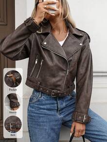 Women's Faux Leather Jacket Crop Biker Long Sleeve Zipper Belt Coat Outwear - Light Brown - View 2