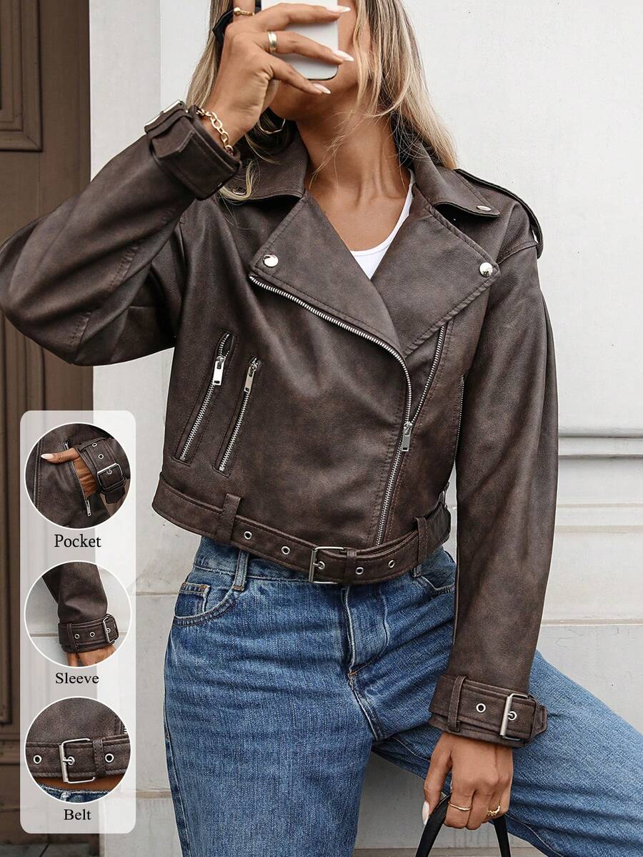 Women's Faux Leather Jacket Crop Biker Long Sleeve Zipper Belt Coat Outwear