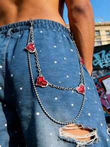 1pc Double-Layer Red Heart Rhinestone Pant Chain/Belt Chain, Red Heart Rhinestone Pant Chain, Y2K Sweet Style, Double-Layer, Detachable, Jeans Chain, Girly, Unisex, Streetwear, Personalized Gift, Birthday Gift, St. Patrick's Day Gift - Heart-shaped Trouser Chain - View 1