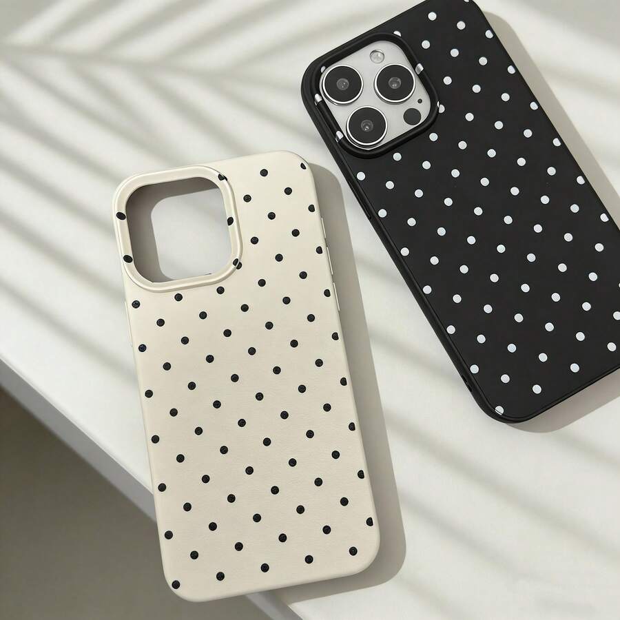 2pcs Polka Dot UV Printed Pattern Design, 1pc Black Matte Texture Phone Case, 1pc White Leather Texture Phone Case, Suitable Compatible With Iphone 17 16 15 14 13 12 11 Pro Max Plus Series, Soft TPU Protective Phone Case, Fashionable Protective Cover, Suitable As A Gift For Birthday, Christmas, Halloween, Boyfriend, Parents, Family And Friends - Multicolor - View 1