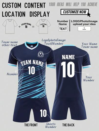 Bộ 2 món áo bóng đá cá nhân hóa - Áo thun ngắn tay + quần short in tên đội, số và logo tùy chỉnh, bộ đồ thể thao tập luyện, thời trang thường ngày, thích hợp làm quà tặng, phong cách, giản dị, tối giản, cá nhân hóa, trang phục cơ bản/đường phố dành cho nam, thích hợp cho sinh nhật, ngày lễ, trường học/trận đấu, các dịp thể thao/leo núi mùa xuân/hè.