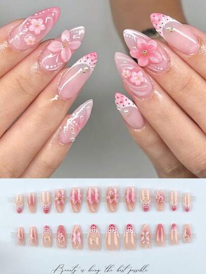 24pcs Medium Almond Shaped False Nails With French Sweet Floral Patterns, Cute Golden Starfish, Soft Wavy Shiny Golden Beads/Pink 3D Butterfly Flower Decor/Contrast Metallic Leopard Cross, Suitable For All Women, Can Be Used As Women's Gift