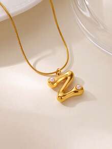 MECYLIFE 1件装时尚不锈钢26字母吊坠项链，镶嵌珍珠，女士项链 - 珍珠字母 - 查看 9