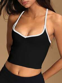 VVX Áo tank top crop cổ tim phối màu cho nữ, dây mảnh, hở lưng gợi cảm, thích hợp tập luyện yoga, thể thao, phong cách Y2K, không đường may, chất liệu gân, mềm mại, thoải mái, phù hợp mặc hàng ngày ở phòng tập, mọi mùa. - màu đen - Xem 3