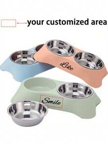 Customizable Name Or Text Stainless Steel Double Bowl Pet Food Bowl, Non-Slip Bottom And Easy-Clean PP And Steel Pet Feeder, Suitable For Pet Birthday And Anniversary Gifts - Multicolor - View 1