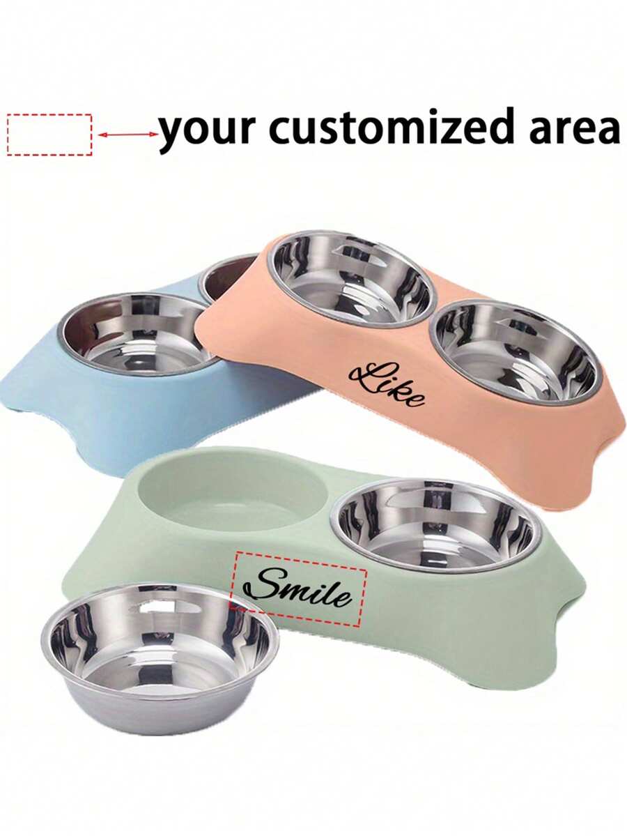 Customizable Name Or Text Stainless Steel Double Bowl Pet Food Bowl, Non-Slip Bottom And Easy-Clean PP And Steel Pet Feeder, Suitable For Pet Birthday And Anniversary Gifts - Multicolor - View 1