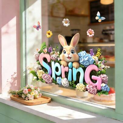 1/2 piezas Pegatinas de ventana con diseños de animales lindos y florales "Primavera/Hola", reutilizables con adherencia estática, con patrones de conejo y mapache, adecuadas para ventanas de cafeterías, dormitorios, comedores y decoración del hogar