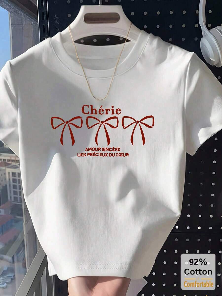 纯棉英文字母“Bow”印花白色短袖T恤，百搭露脐上衣，性感时尚 - 白色 - 查看 1