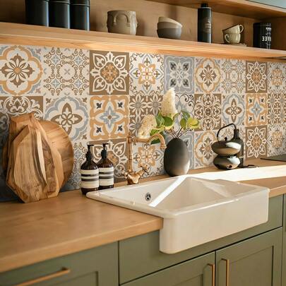 Bộ 10 miếng dán tường trang trí nhà bếp phong cách Bohemian cổ điển, kích thước 7.87x7.87 inch/11.81x11.81 inch, chất liệu vinyl tự dính chống mài mòn, thích hợp trang trí nhà bếp, phòng tắm, tường bồn rửa, cũng có thể dùng để trang trí đảo bếp theo phong cách DIY sáng tạo.